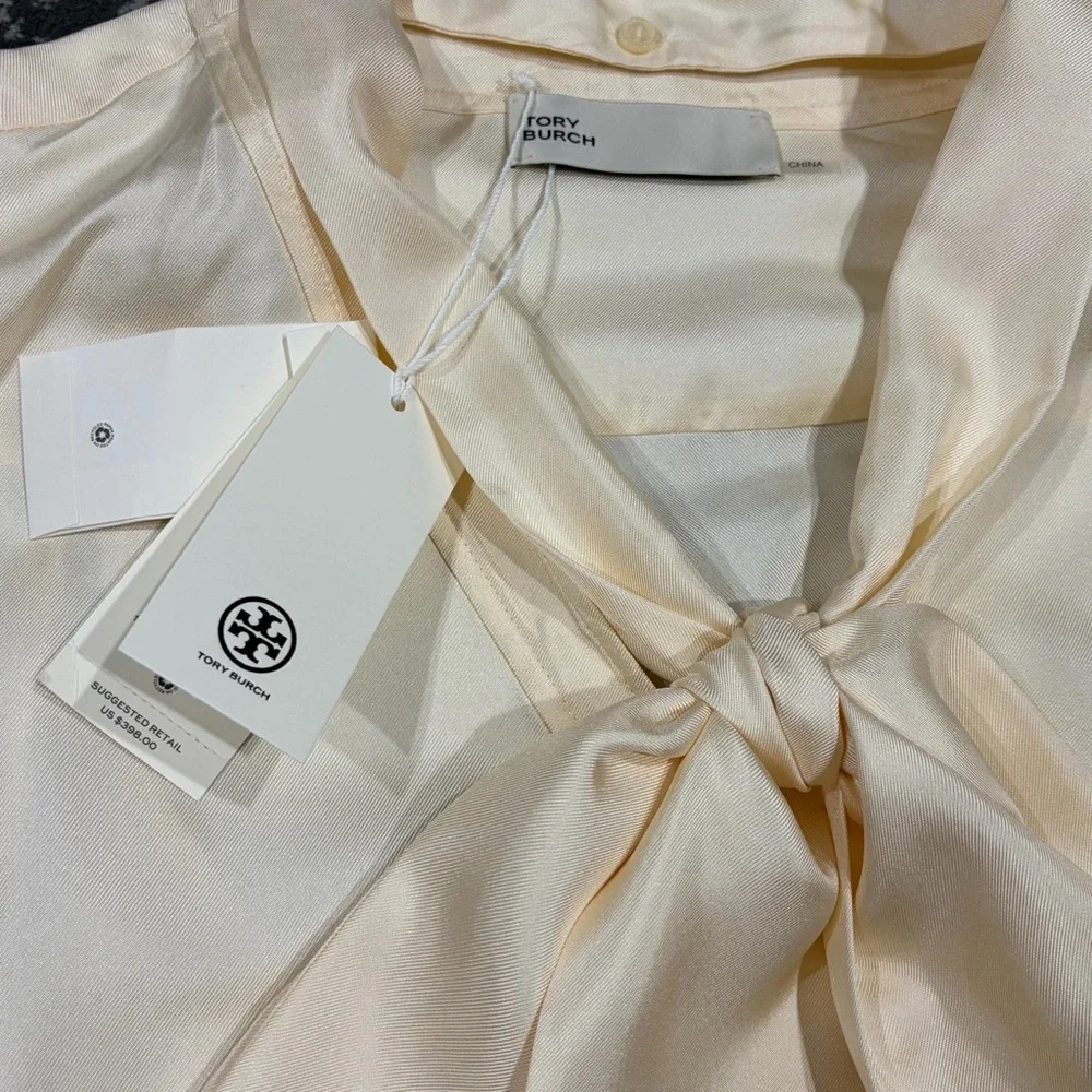 Tory Burch Silk Bow Blouse French Cream Sz 6 Removable Collar NWT‎